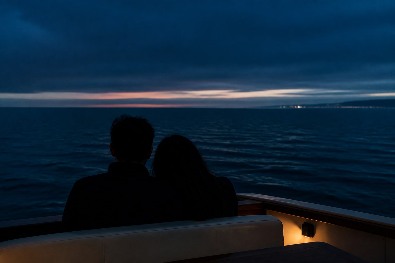 A fictional couple sharing a quiet blue-hour moment beside the Orange County coast