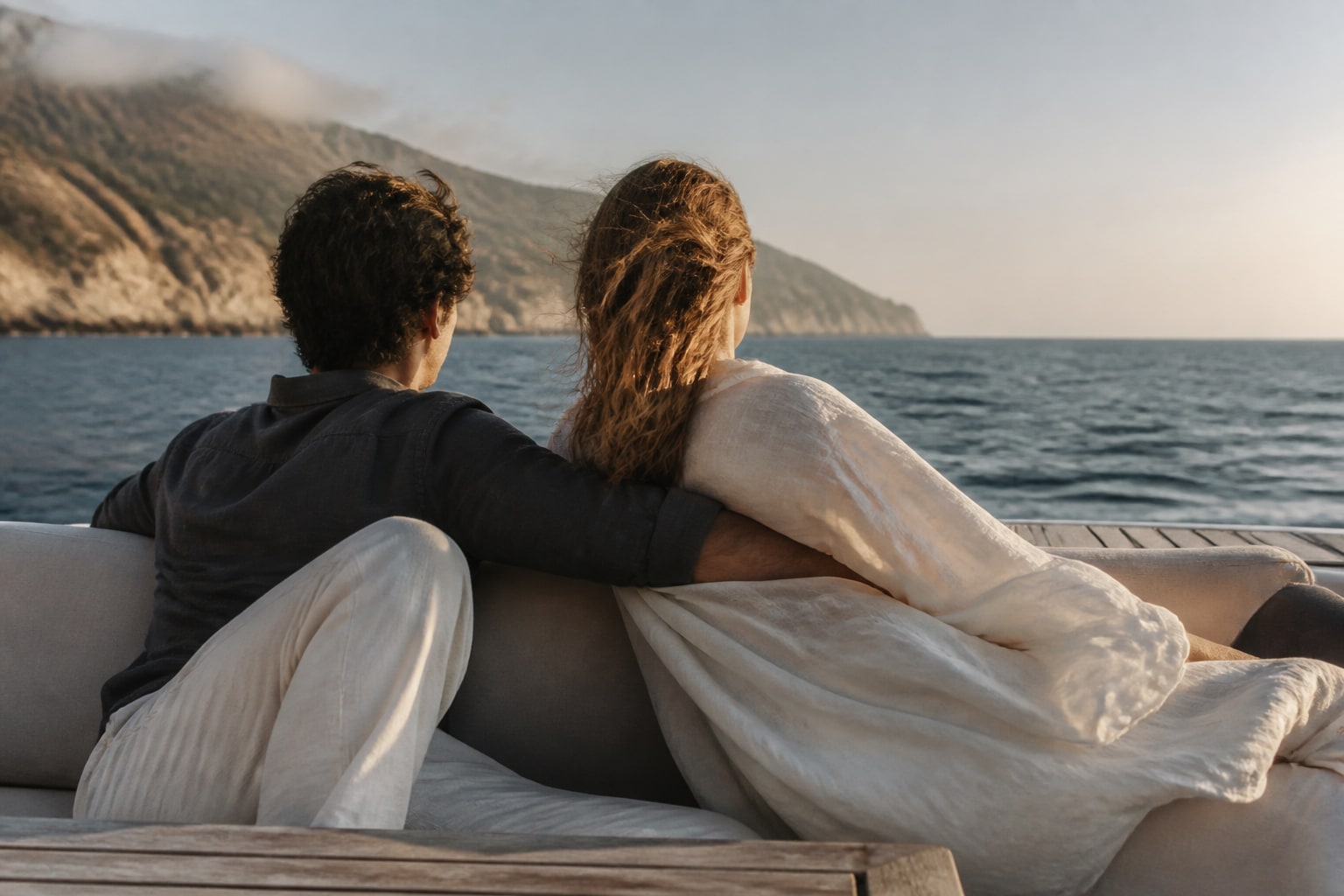 Anonymous fictional couple seated together on a generic dayboat at golden hour