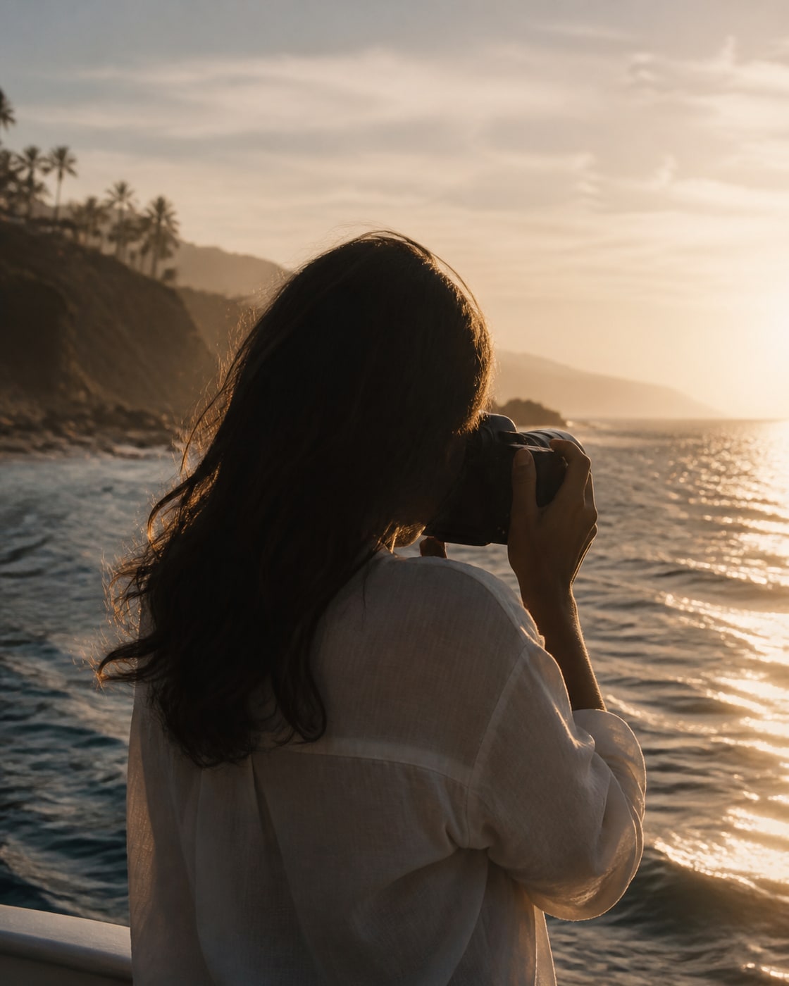 An anonymous fictional photographer observing a coastal scene at golden hour