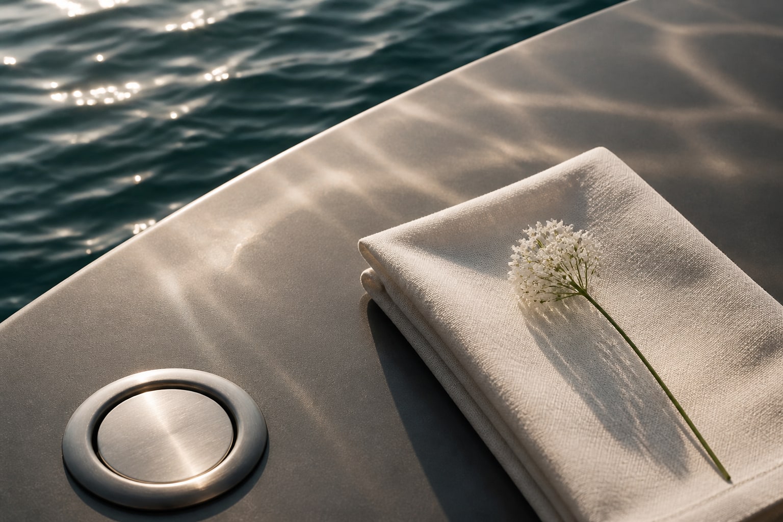 Minimal ivory linen and white flower detail beside coastal water