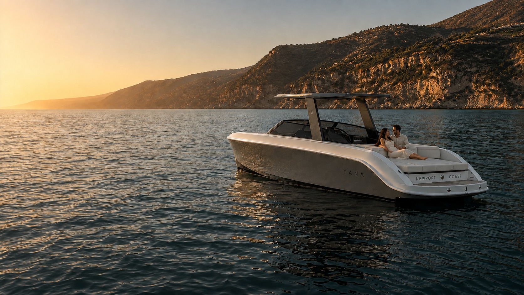 Illustrative YANA Supreme 27 with an open bow and black T-top beside the coast
