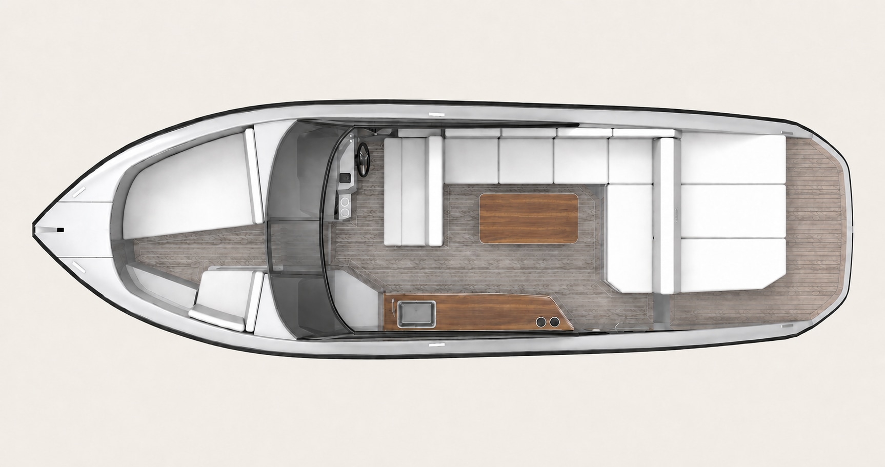 Illustrative RAND Supreme 27 layout with an open bow and a portside bar counter, shown with the T-top roof removed